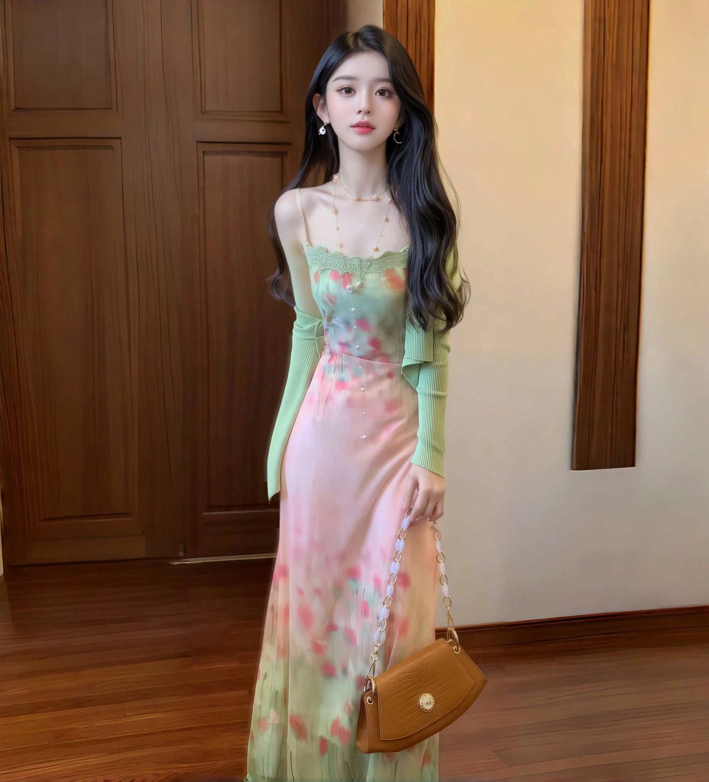 Beautiful little skirt gentle temperament green floral suspender dress R0683