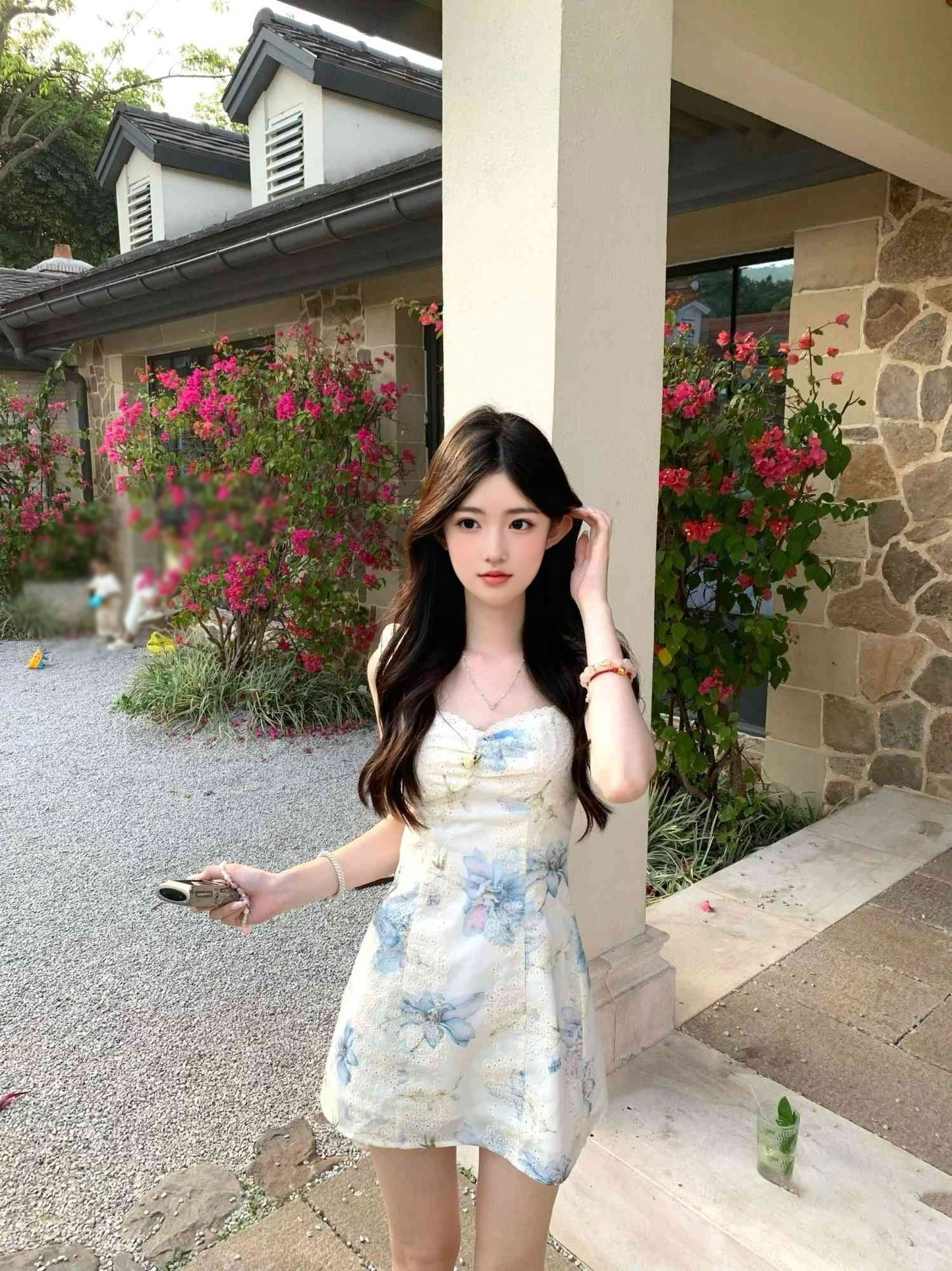 French gentle temperament blue floral suspender dress beautiful skirt R0691