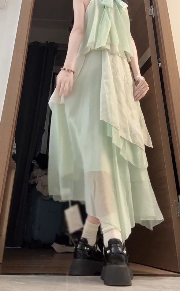 Mint green halter neck dress irregular beautiful loose beach dress R0665