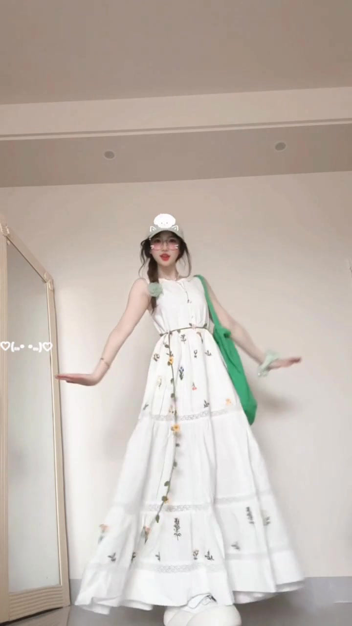Sleeveless vest floral dress gentle temperament waist A-line long skirt R0709