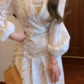 Lace patchwork long-sleeved dress gentle temperament waist A-line long skirt R0690