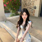 French gentle temperament blue floral suspender dress beautiful skirt R0691