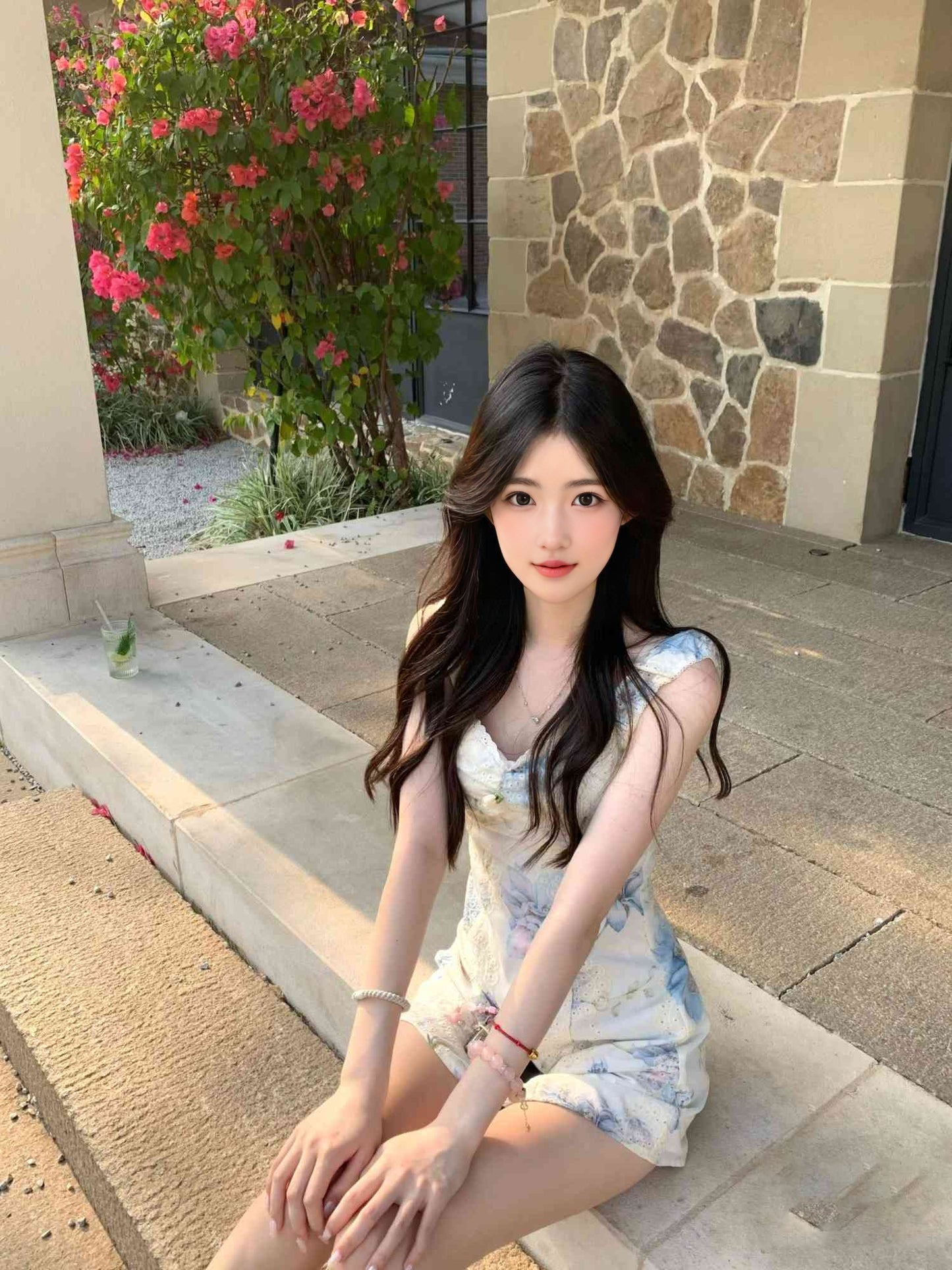 French gentle temperament blue floral suspender dress beautiful skirt R0691