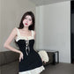 French sexy suspender dress summer slim fit ruffled hip short vest dress R3748