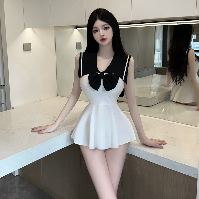 Pure girl style color matching navy collar sailor dress bow slim mini short uniform vest dress R3755