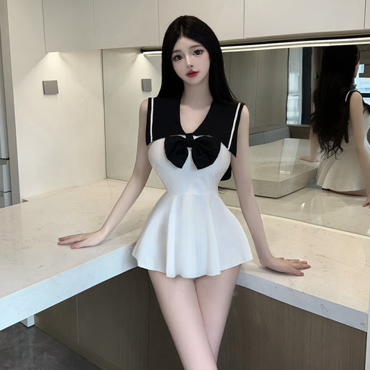 Pure girl style color matching navy collar sailor dress bow slim mini short uniform vest dress R3755