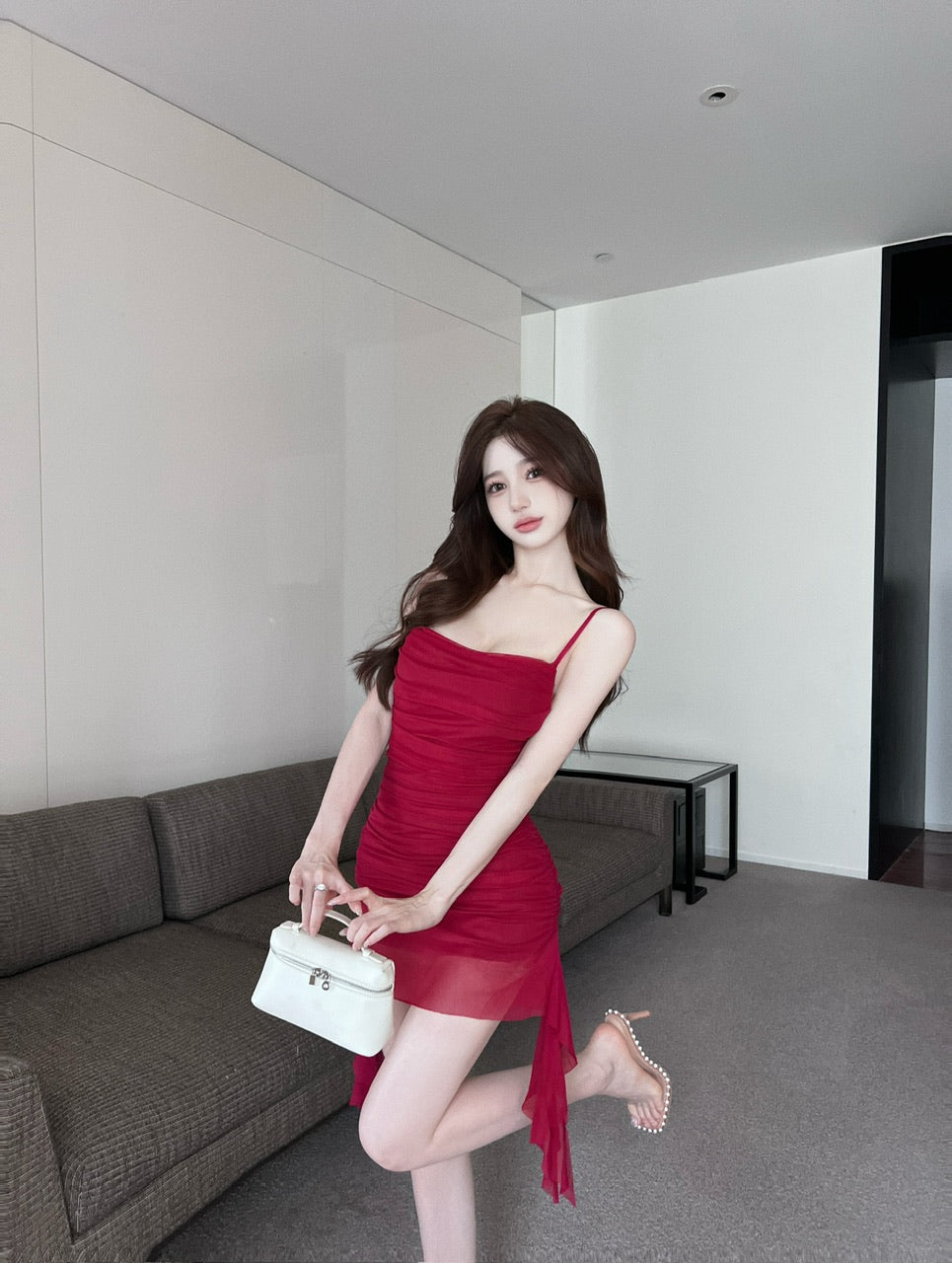 French sexy suspender dress sweet high waist slim fit ruffled slimming collar hip skirt R3749