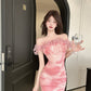 Gentle temperament style sexy one-shoulder dress with waist pleats and slim prints with blurred hip skirt R3747