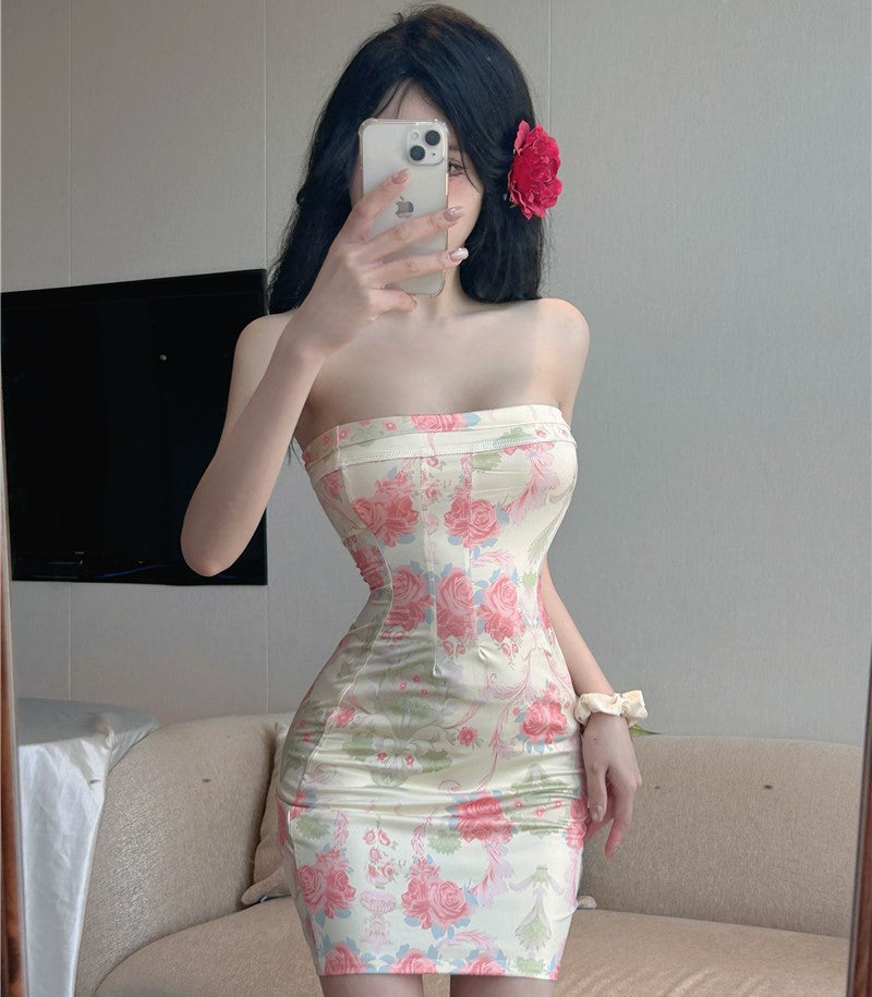Fashionable and sexy one-shoulder floral tube top dress French style backless tight slimming hip skirt R3750