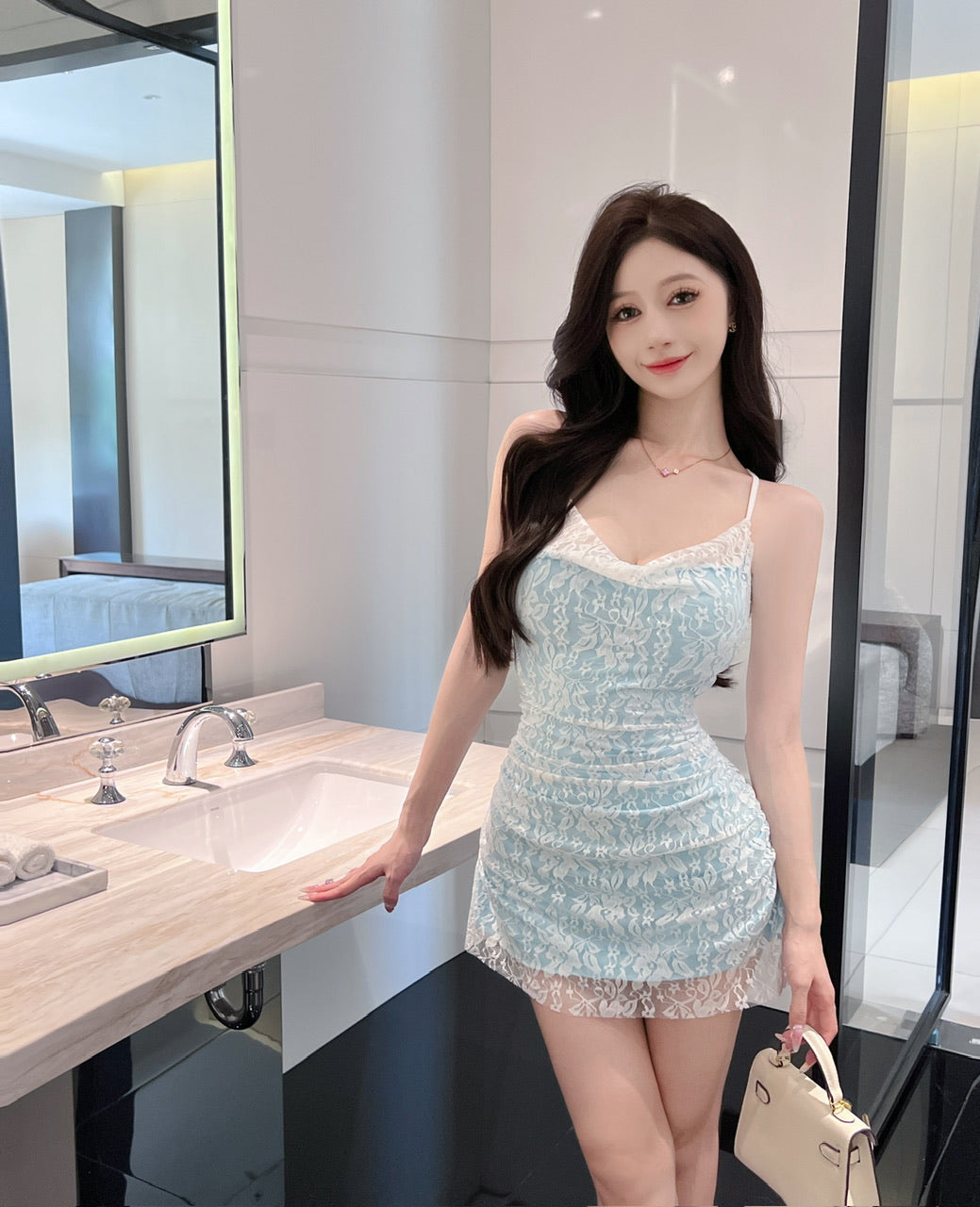 Cross backless lace suspender skirt tight and slim short inner dress R3788