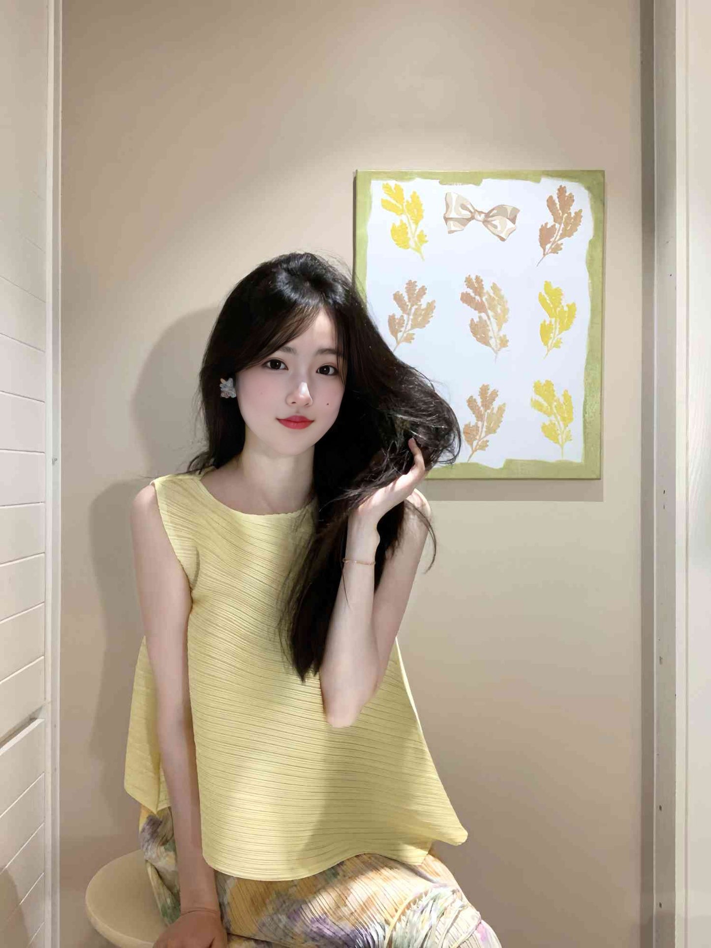 Pure suit, gentle temperament, beautiful yellow top, floral skirt, two-piece suit R0805