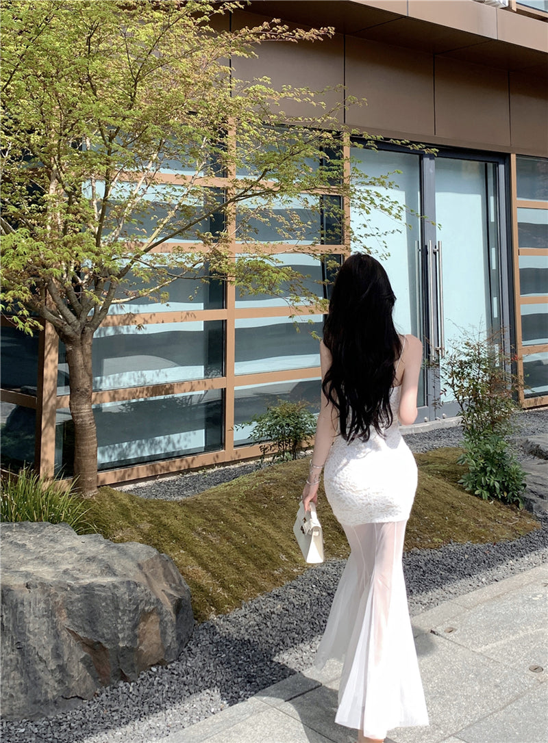 White lace suspender dress beautiful waist hip skirt R0526