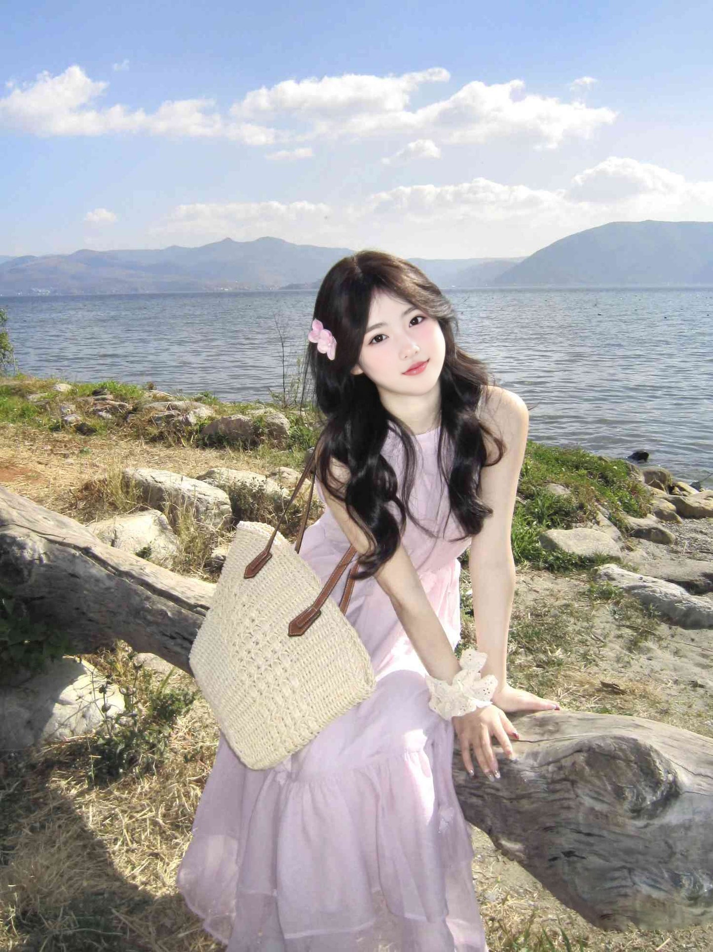 Gentle pink sleeveless halter neck dress beautiful loose skirt R0528