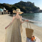 Retro printed suspender dress gentle temperament A-line long skirt R0660