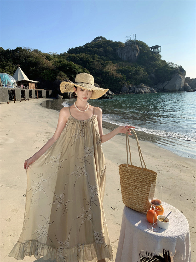 Retro printed suspender dress gentle temperament A-line long skirt R0660