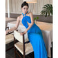 A Line Blue Long Stunning Evening Gown Party Prom Dress       S7304