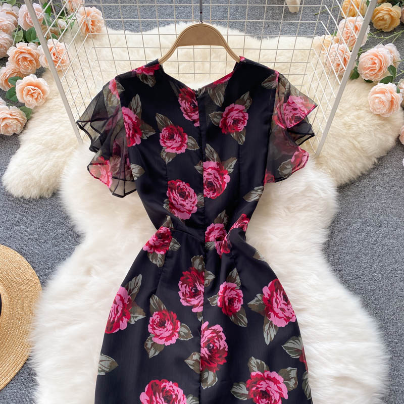 2025 new style celebrity chiffon printed dress temperament ruffled fishtail dress skirt R2267