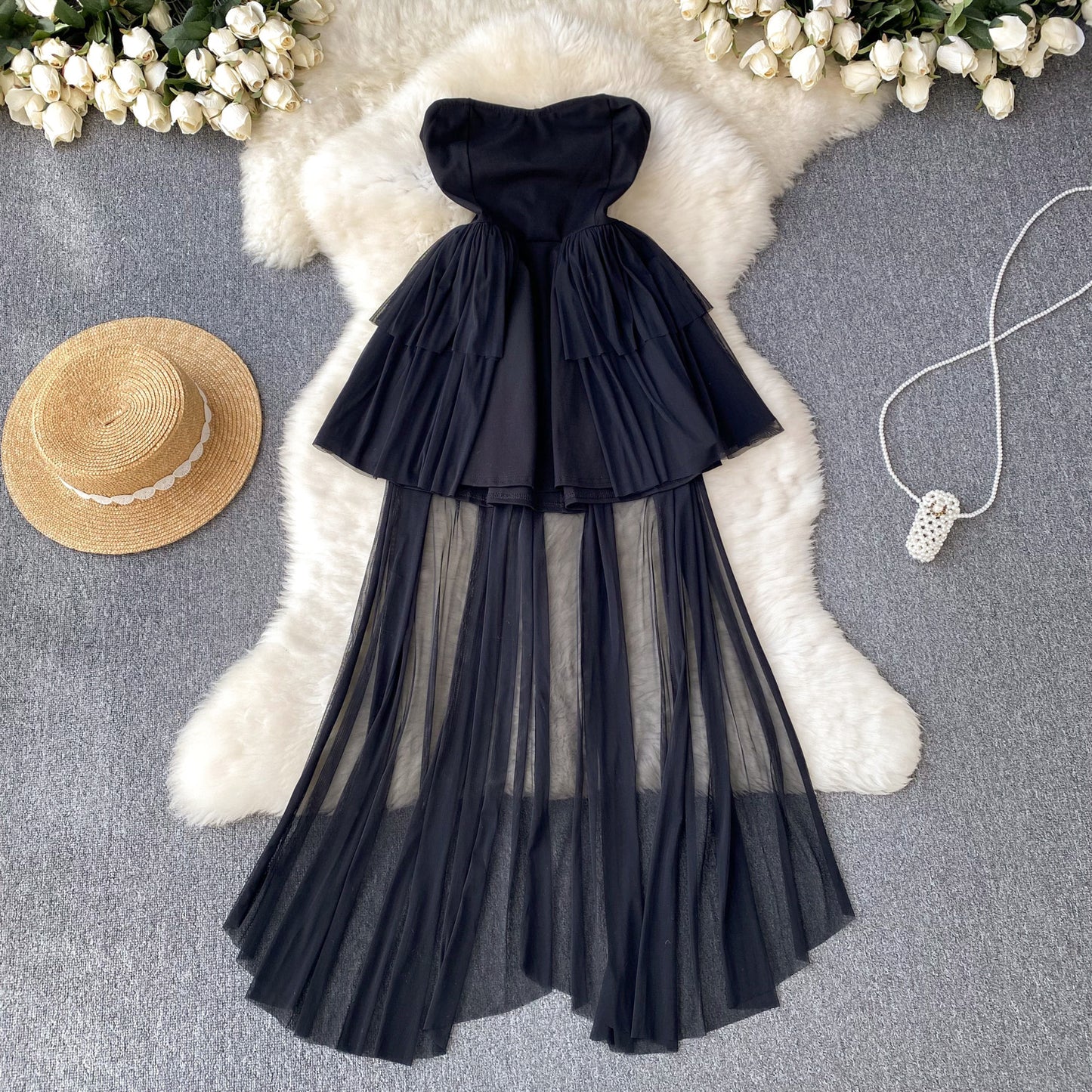 Retro elegant tube top dress dress waist temperament irregular fluffy little black dress R2253