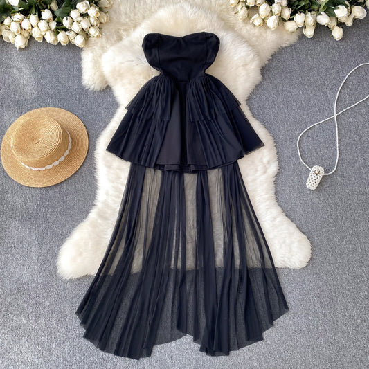 Retro elegant tube top dress dress waist temperament irregular fluffy little black dress R2253