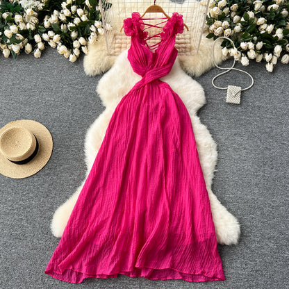 Sexy ruffled halter dress with open back and hollow waist, slim French holiday dress R2208
