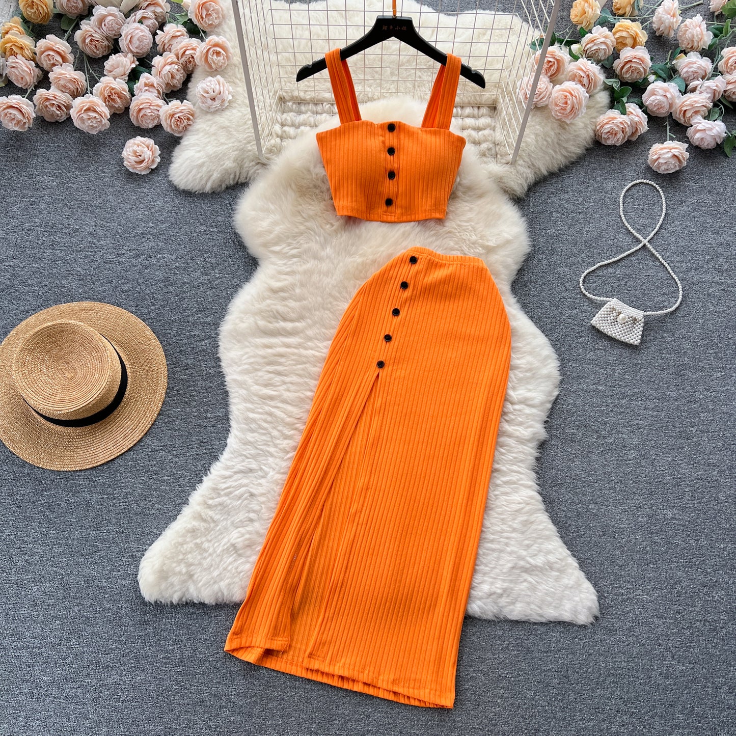 Small pure desire suit French short tube top camisole vest high waist slim slit skirt R2263