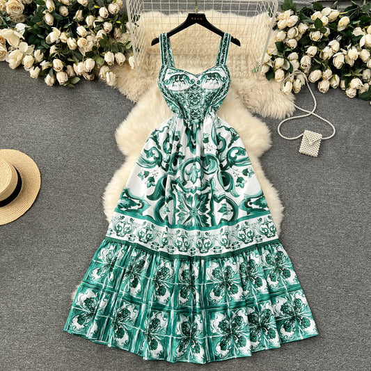 Ethnic style slim waist suspender dress with beautiful print A-line long skirt R2223