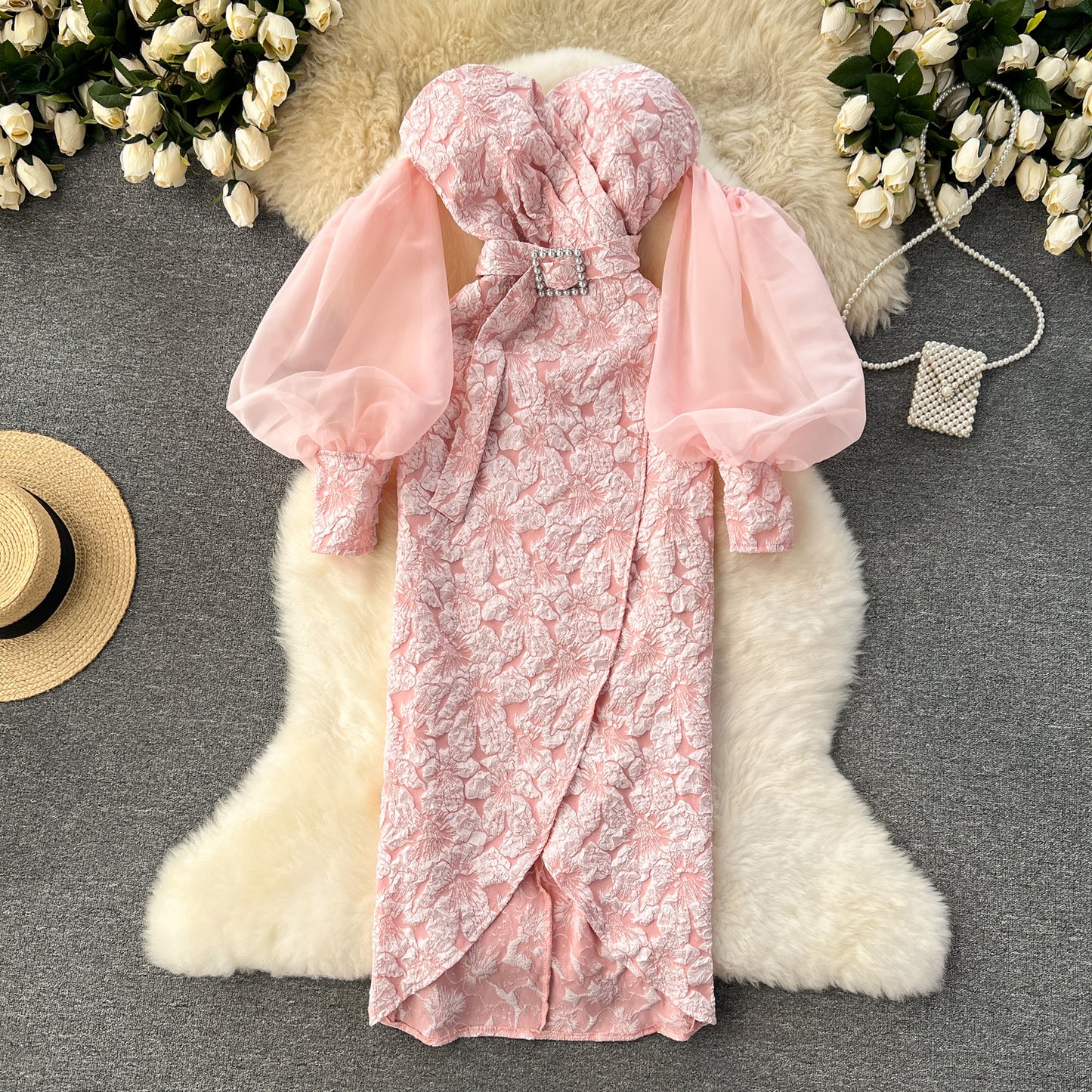 Banquet dress niche lantern sleeves sexy off-shoulder tube top slim fit long dress R2203