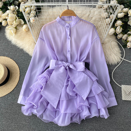 Chiffon chic tops new ruffles high-end design bow tie niche shirt R2252