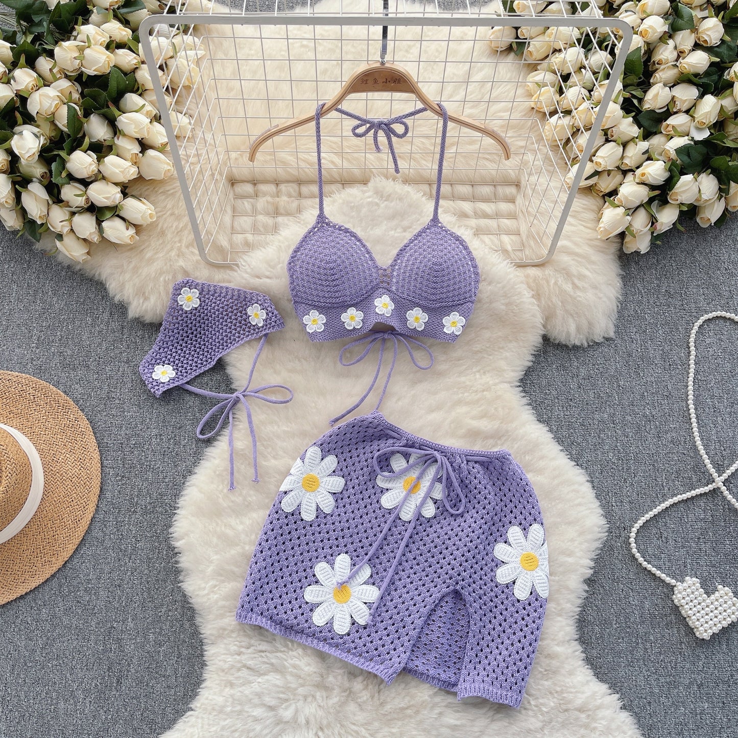 Seaside holiday style knitted bikini set small flower design pure desire three-piece set R2218