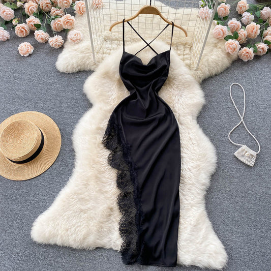 Satin lace slit hollow suspender dress French retro backless sexy long dress R2217