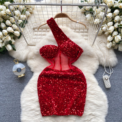 French lady style oblique collar dress mesh sequins niche hip-wrapped hot girl short skirt R2247