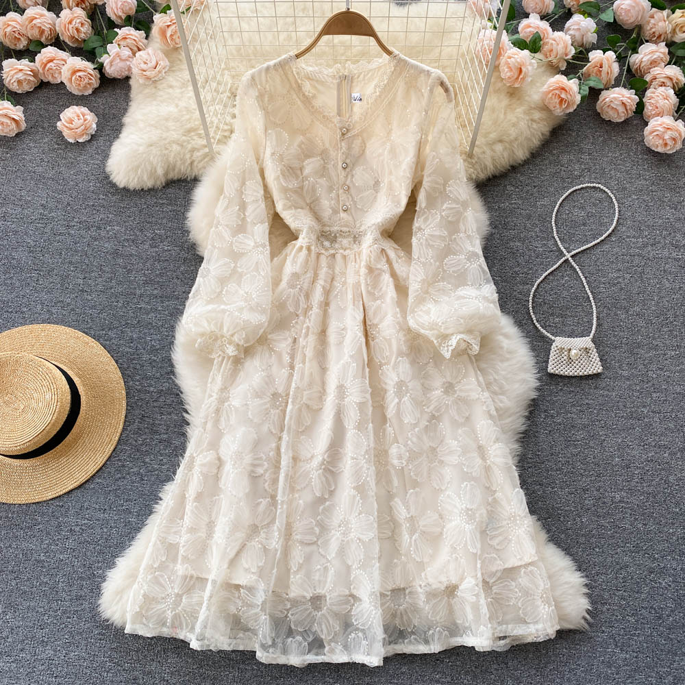 Gentle style waist slimming knee-length long sleeve A-line skirt elegant V-neck lace dress R2237