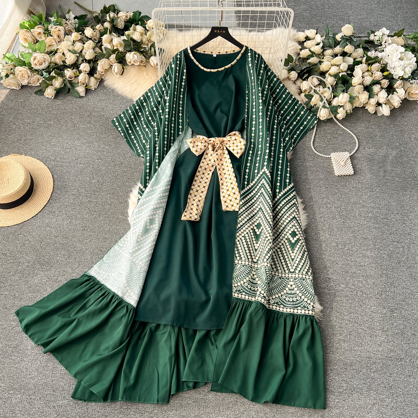 European and American style two-piece dress with printed shawl coat, sleeveless vest dress R2232