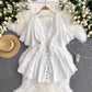 Holiday style 2025 new niche sexy deep V-neck lace patchwork waist flared sleeve dress R2269