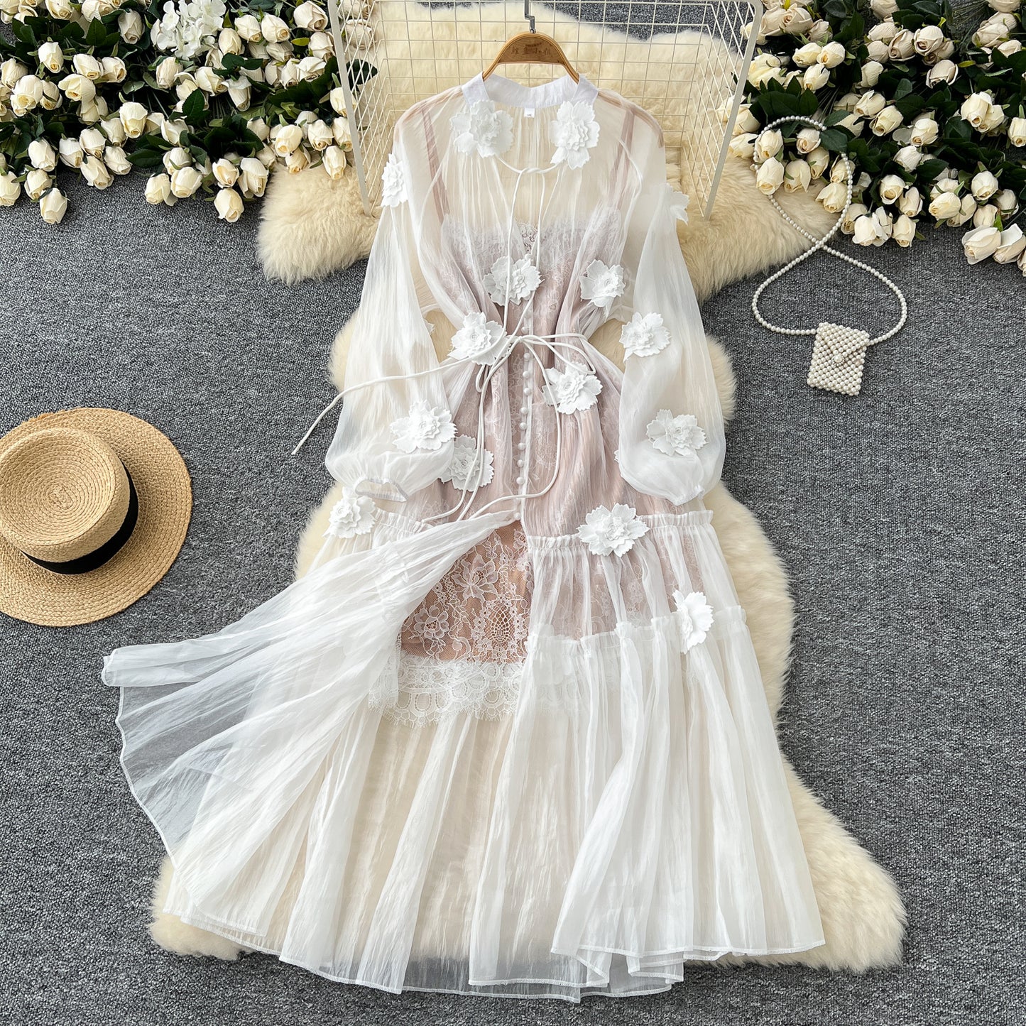 Holiday dress 2025 three-dimensional flower strap mesh skirt + suspender skirt R2261