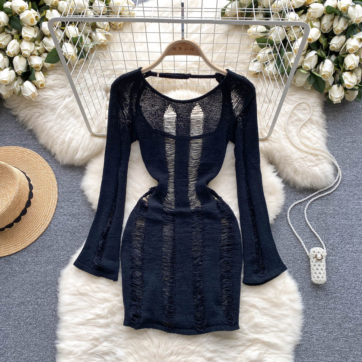 Sexy hollow thin long-sleeved knitted short skirt slimming and thin pure hot girl backless dress R2254