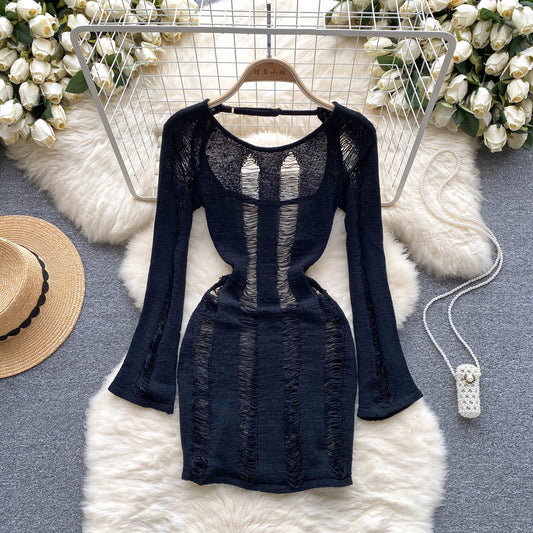 Sexy hollow thin long-sleeved knitted short skirt slimming and thin pure hot girl backless dress R2254
