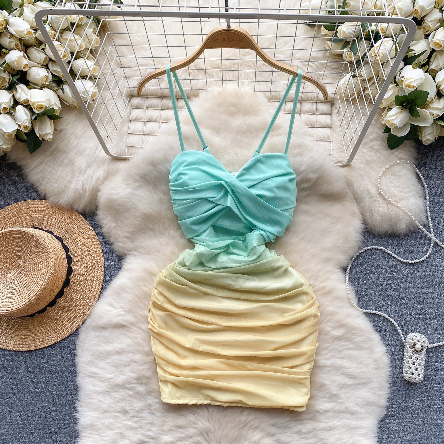 Sexy elastic mesh dress 2025 new pleated slim short sexy hip suspender skirt R2268