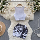 American retro printed sleeveless vest + hip skirt two-piece suit R2292