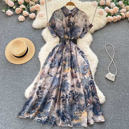 Palace style French elegant printed dress new style waist slimming gentle style long skirt R2226