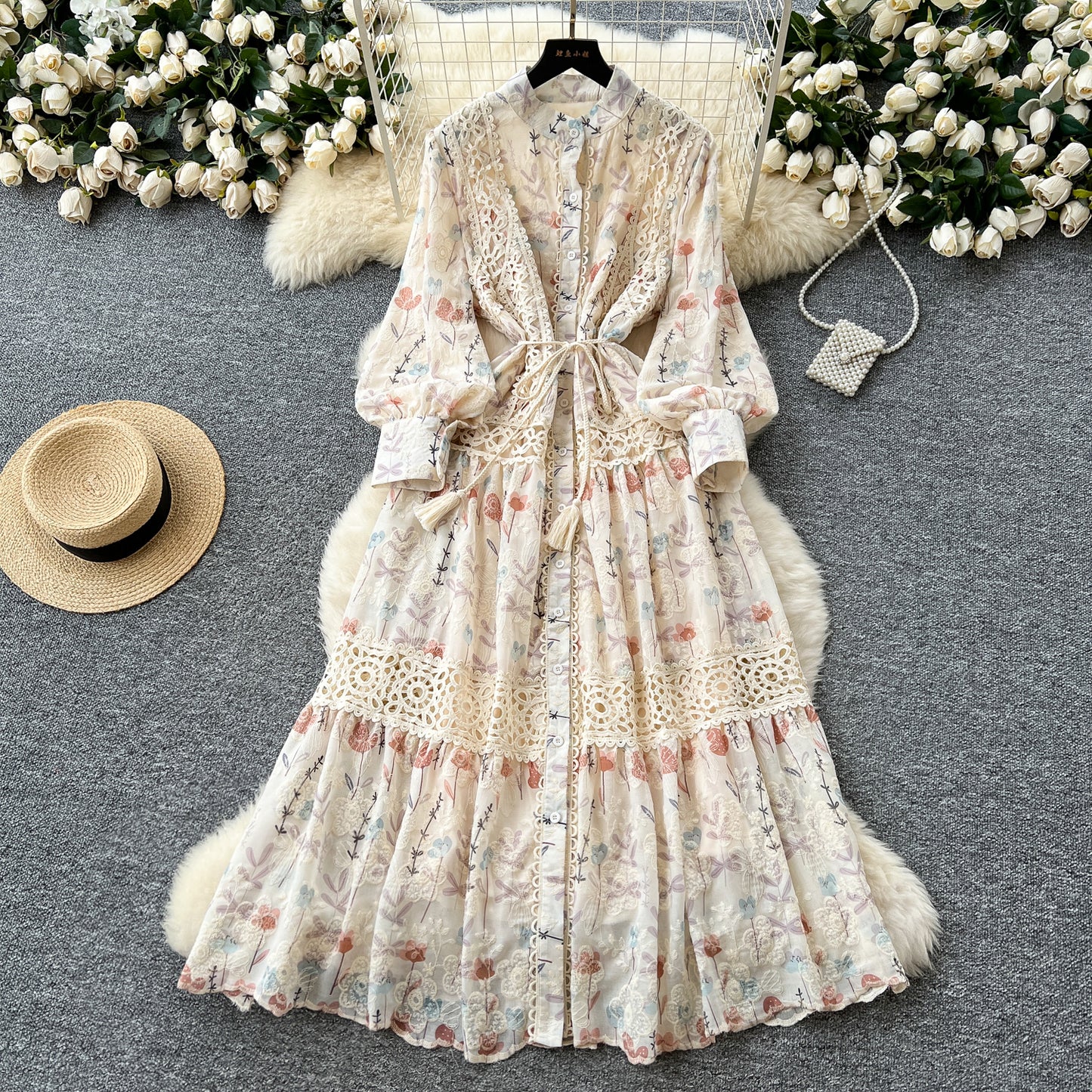 Palace style lace patchwork waist dress French slim print embroidered fairy long dress R2244