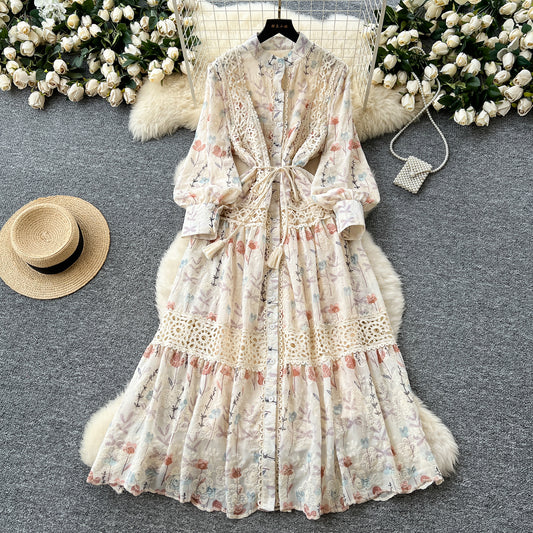 Palace style lace patchwork waist dress French slim print embroidered fairy long dress R2244