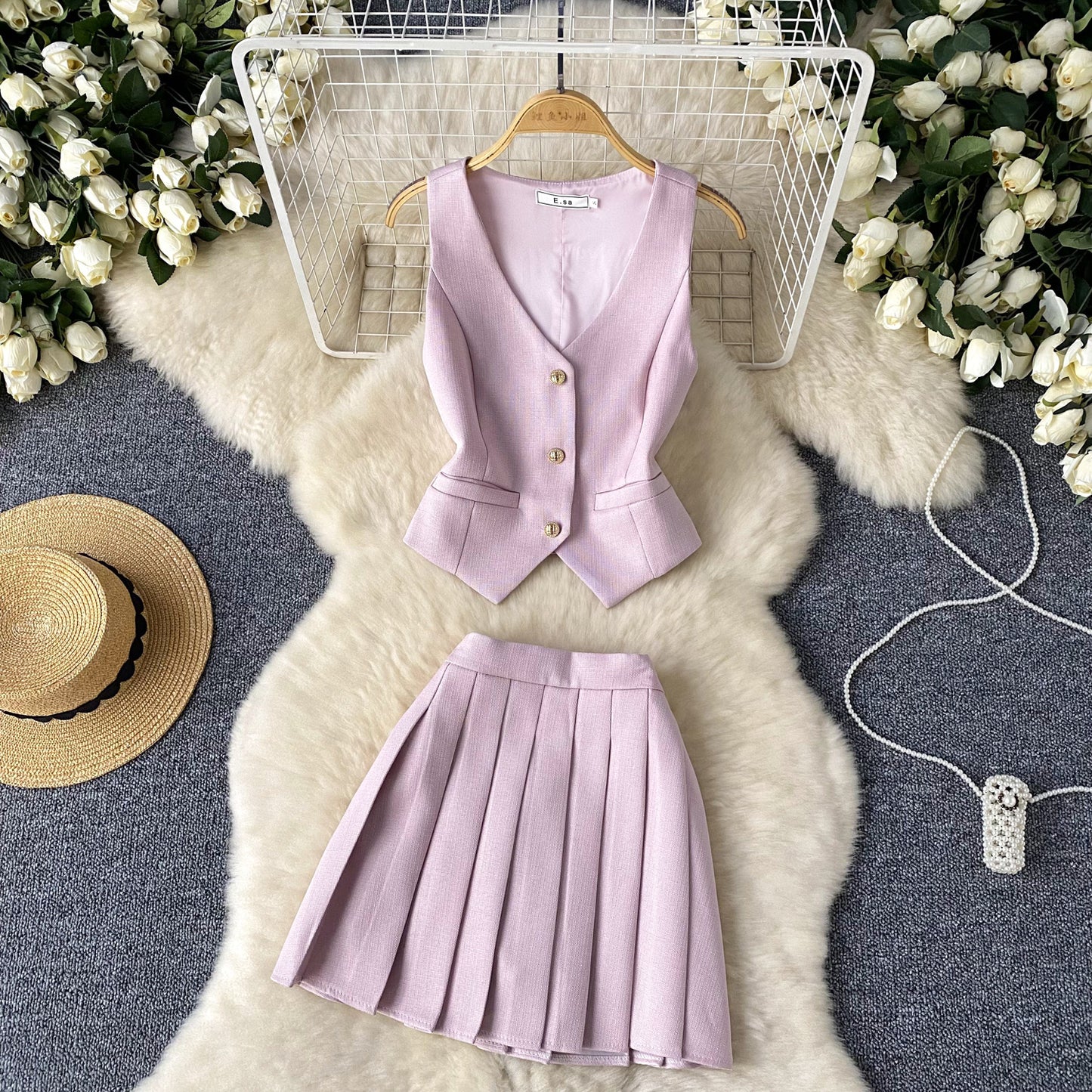 French Chanel style all-match split suit vest + high waist pleated skirt two-piece suit R2205