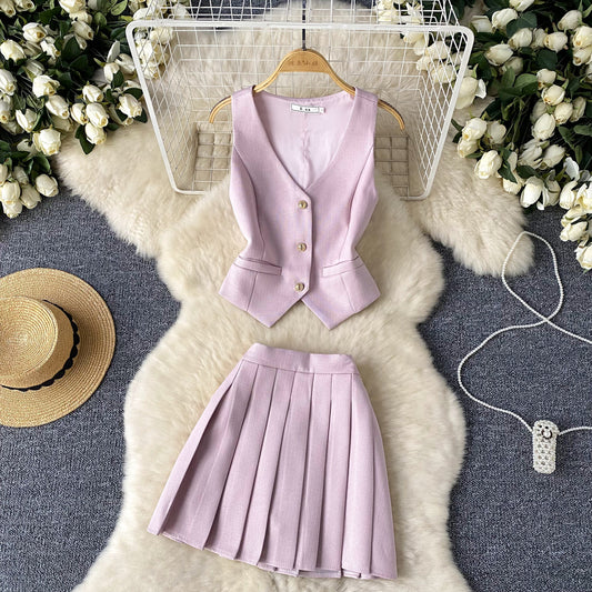 French Chanel style all-match split suit vest + high waist pleated skirt two-piece suit R2205