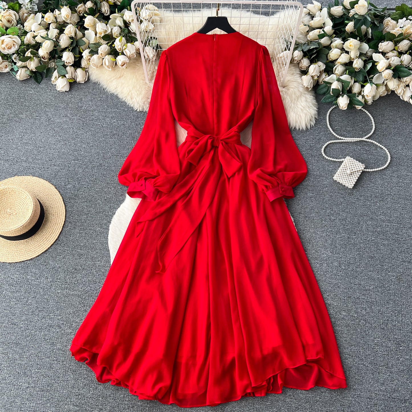 French retro V-neck lantern sleeves diamond dress with slim waist and elegant long skirt R2270