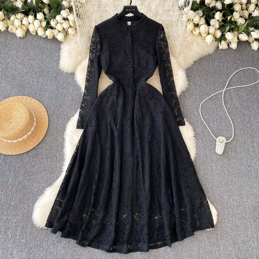 Retro stand-up collar long-sleeved lace dress with slim waist and elegant French style little black dress R2216