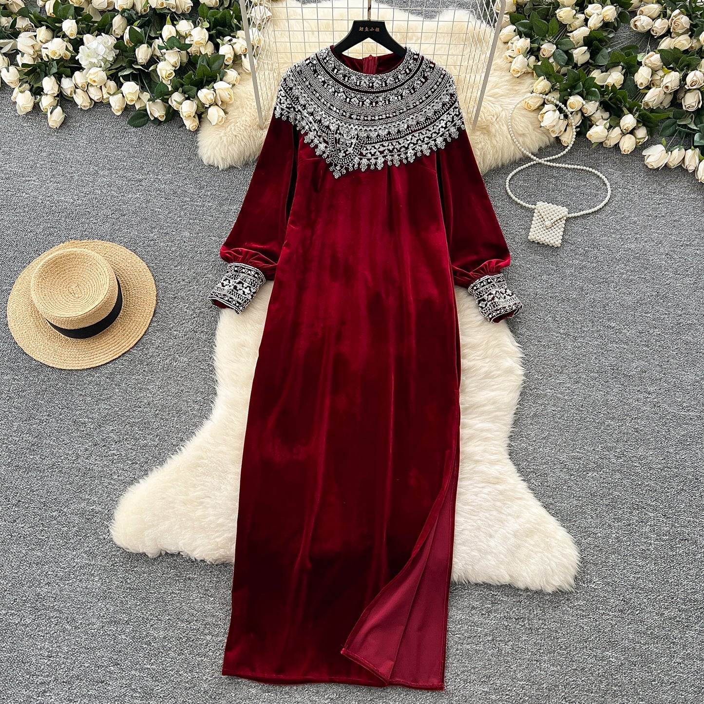 French style sequined beaded round neck long sleeve velvet dress loose slim slit long skirt R2235