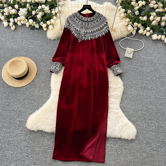 French style sequined beaded round neck long sleeve velvet dress loose slim slit long skirt R2235