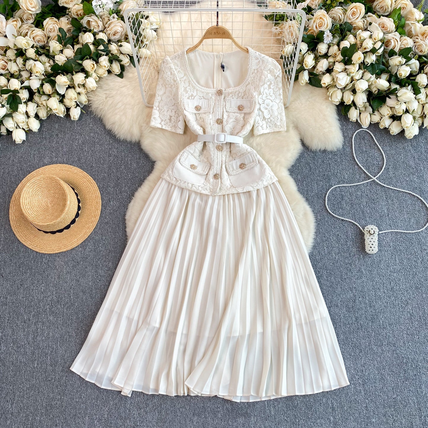 French Chanel style dress exquisite temperament square neck lace pleated long dress R2243