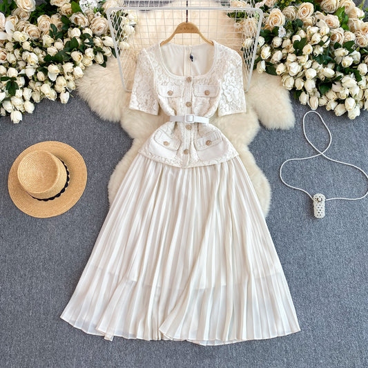 French Chanel style dress exquisite temperament square neck lace pleated long dress R2243